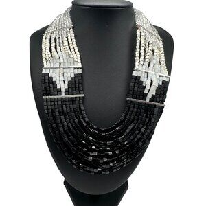 Chico's Necklace NWT Jewelry Statement 21.5" Adjustable Beaded Silver Tone Black
